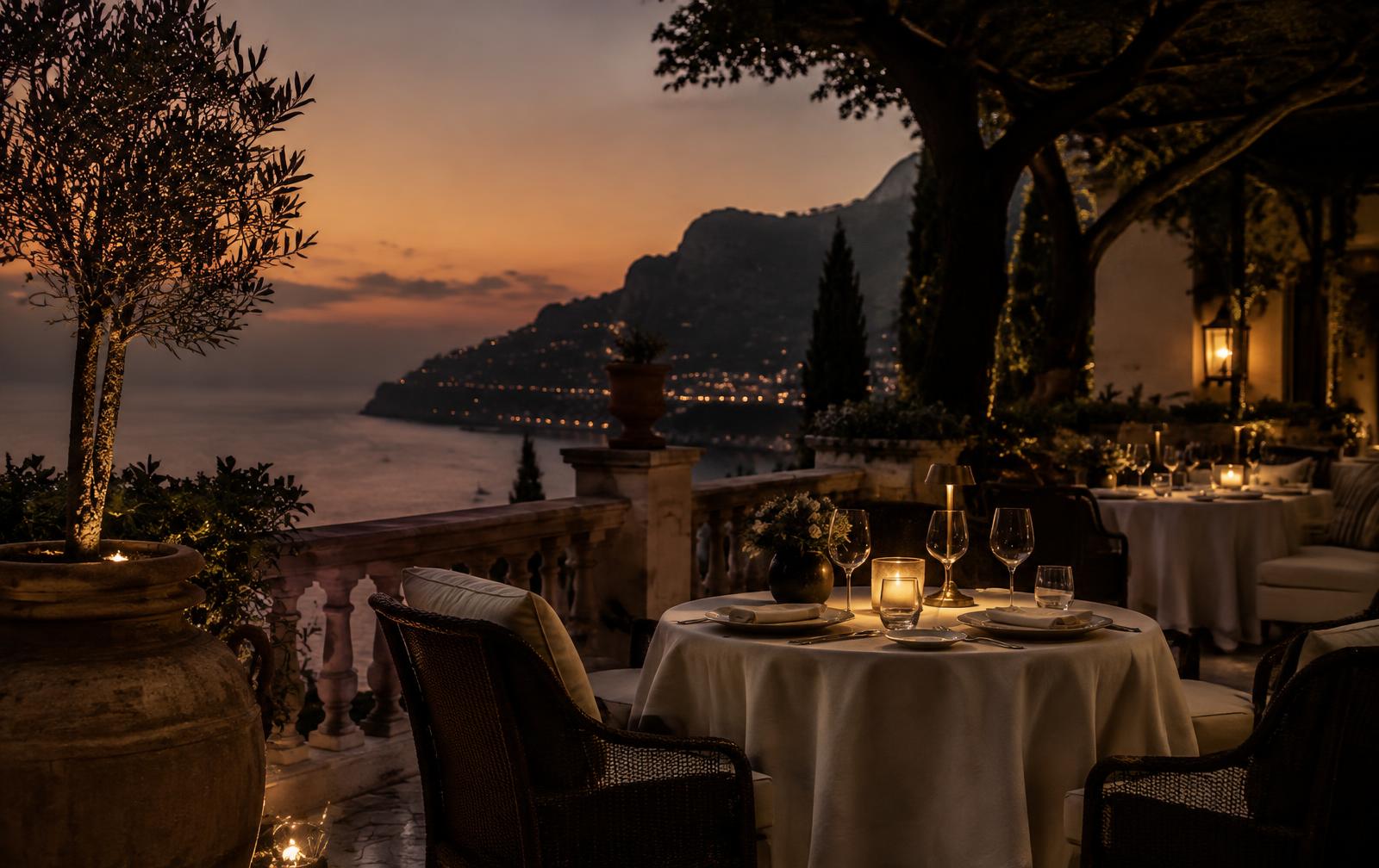 Candlelit resort terrace prepared for an intimate gathering